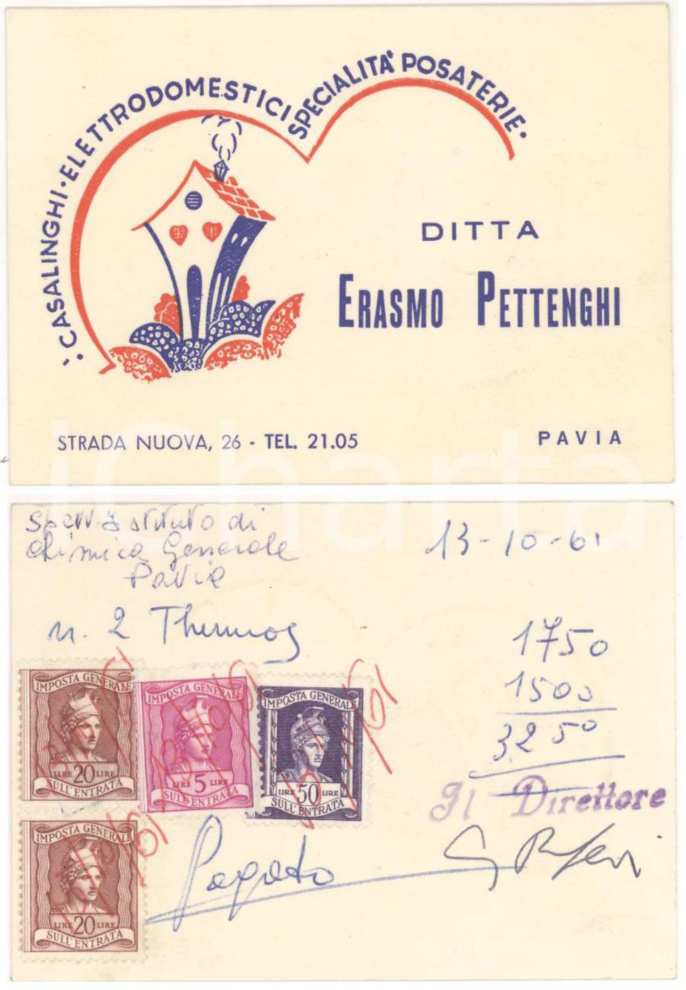 Oggetto da collezione cartaceo 1961 PAVIA Casalinghi posaterie Ditta Erasmo PETTENGHI 1