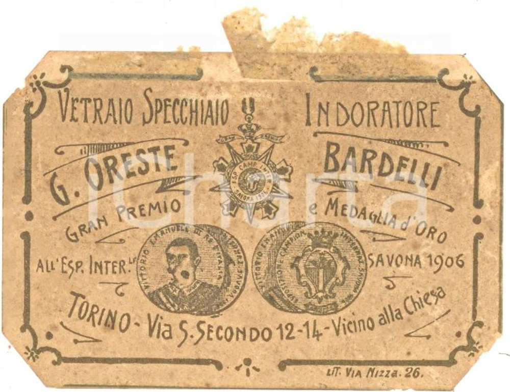 Oggetto da collezione cartaceo 1910 ca TORINO Vetraio specchiaio Oreste BARDELLI 1