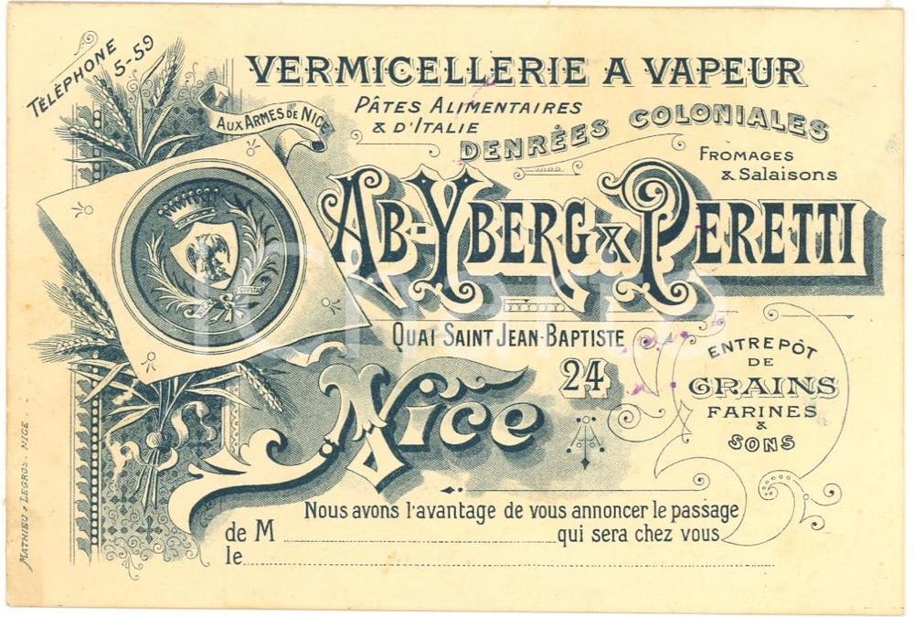Oggetto da collezione cartaceo 1900 ca NICE Vermicellerie a Vapeur AB-YBERG & PERETTI 1