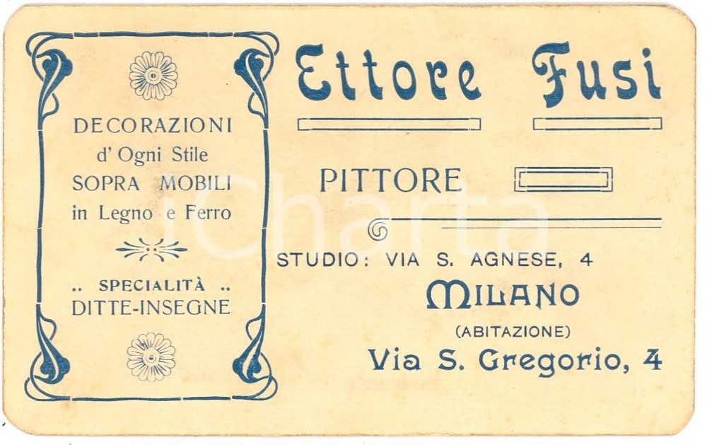 Oggetto da collezione cartaceo 1930 ca MILANO VIA SAN GREGORIO pittore decoratore Ettore FUSI biglietto 1