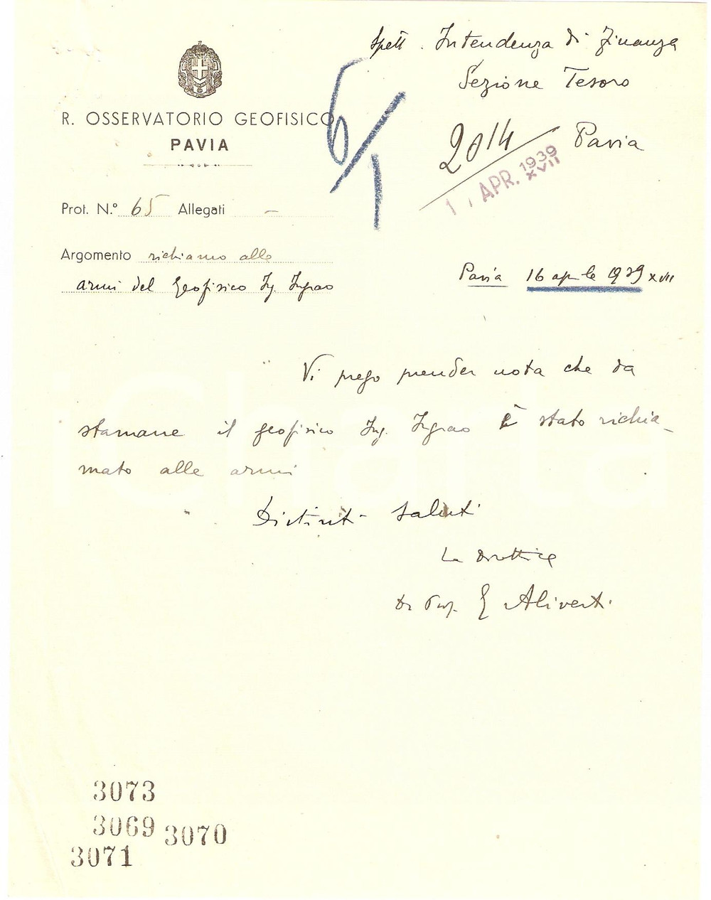 Autografo originale 1939 PAVIA Ing. INGRAO richiamato Autogr. G. ALIVERTI 1