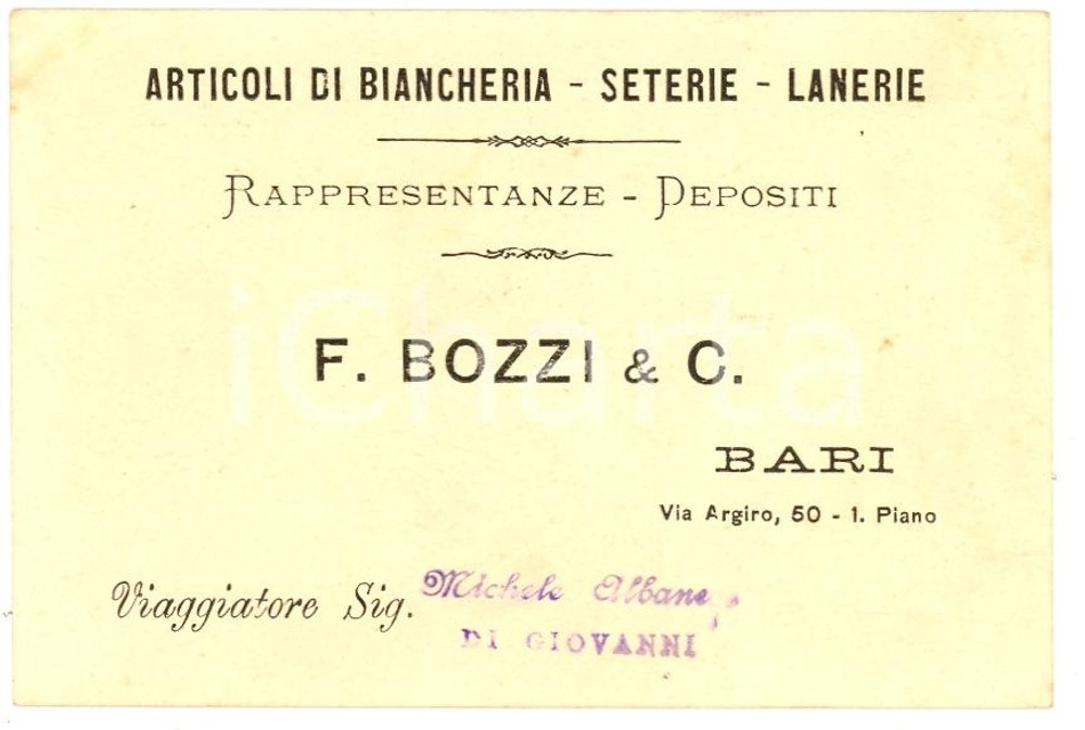Oggetto da collezione cartaceo 1930 ca BARI Articoli di biancheria F.BOZZI & C. 1