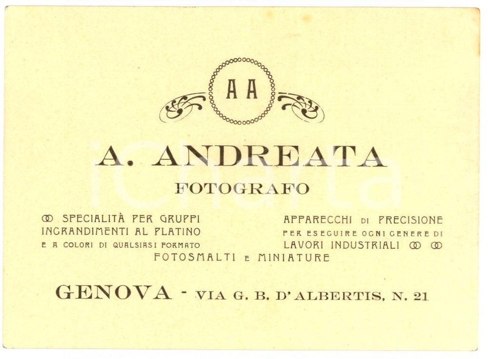 Oggetto da collezione cartaceo 1925 GENOVA Biglietto fotografo A. ANDREATA 1