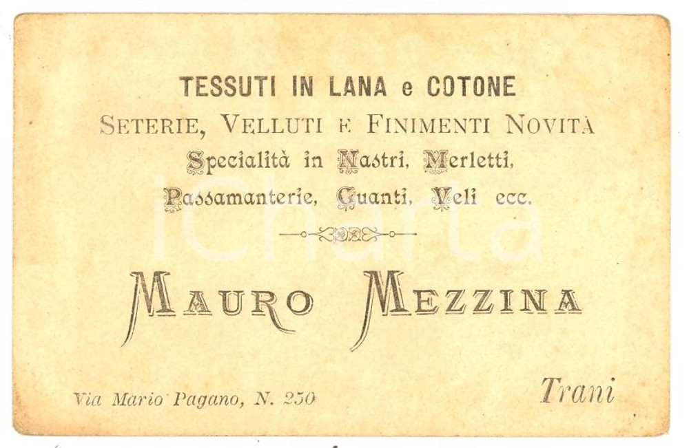 Oggetto da collezione cartaceo 1920 circa TRANI (BT) Tessuti lana cotone Mauro MEZZINA - Biglietto 1
