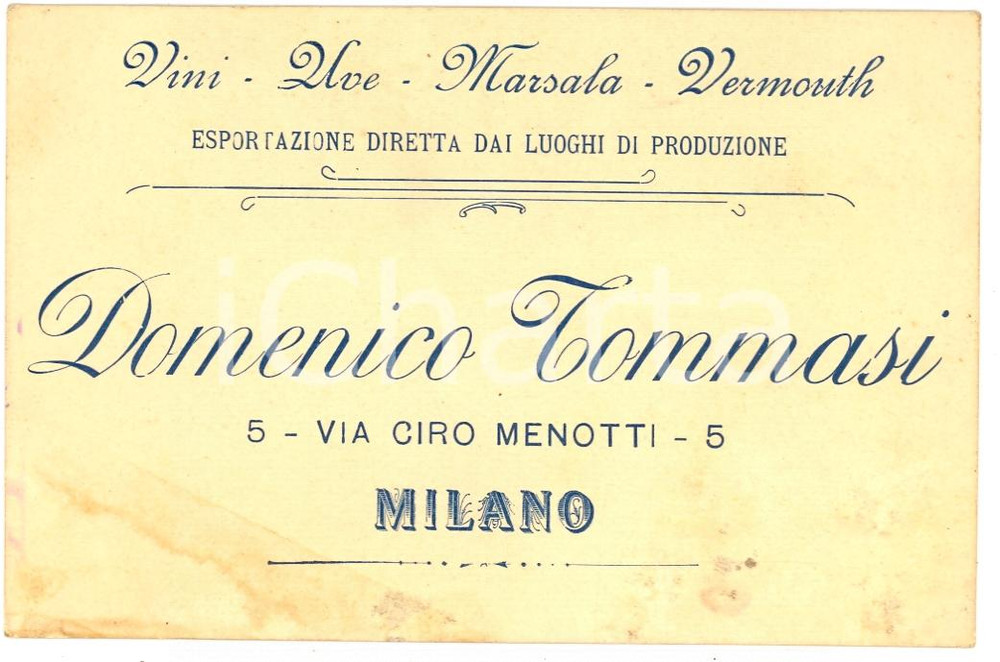 Oggetto da collezione cartaceo 1920 MILANO Vini Uve Marsala Vermouth Domenico TOMMASI 1