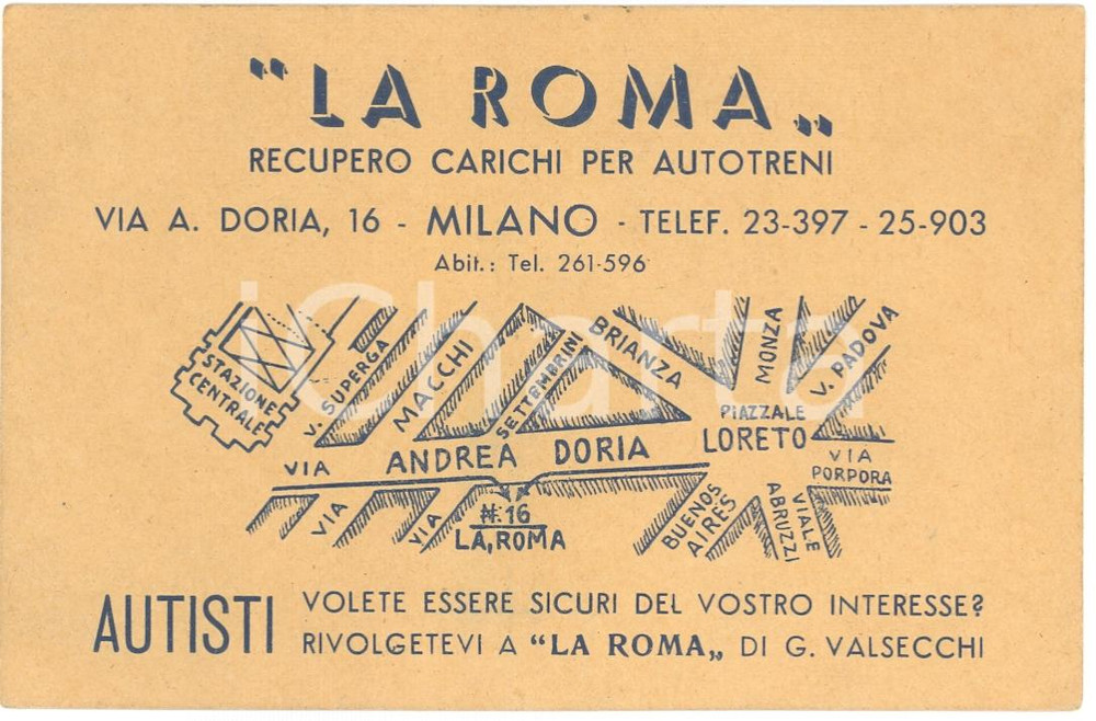 Oggetto da collezione cartaceo 1940 circa MILANO Recupero Carichi Autotreni La ROMA 1