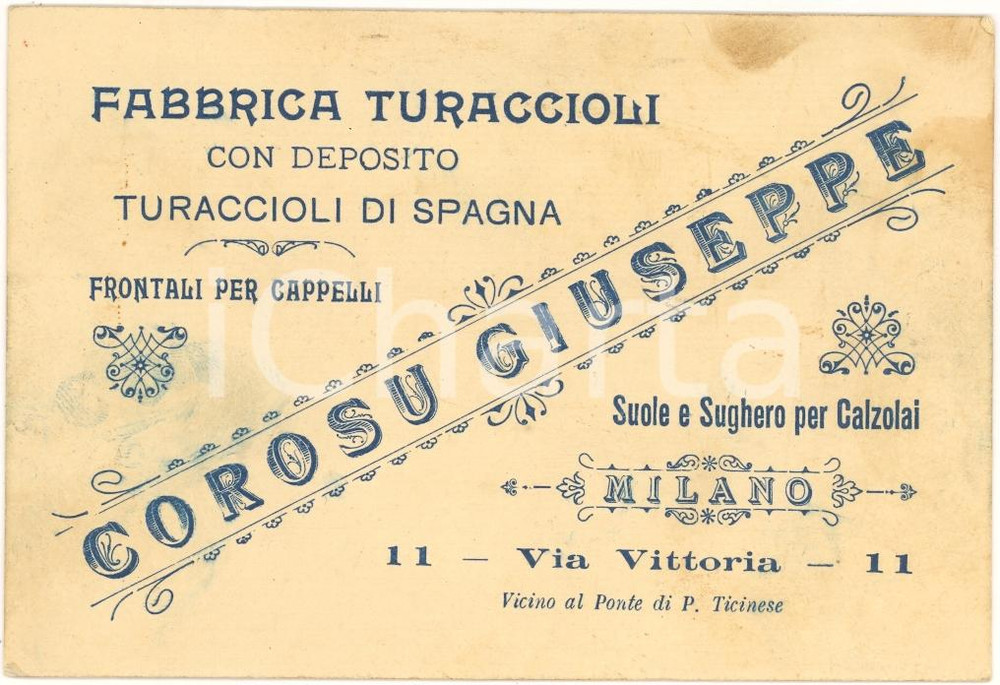 Oggetto da collezione cartaceo 1920 ca MILANO Fabbrica Turaccioli di COROSU Giuseppe 1