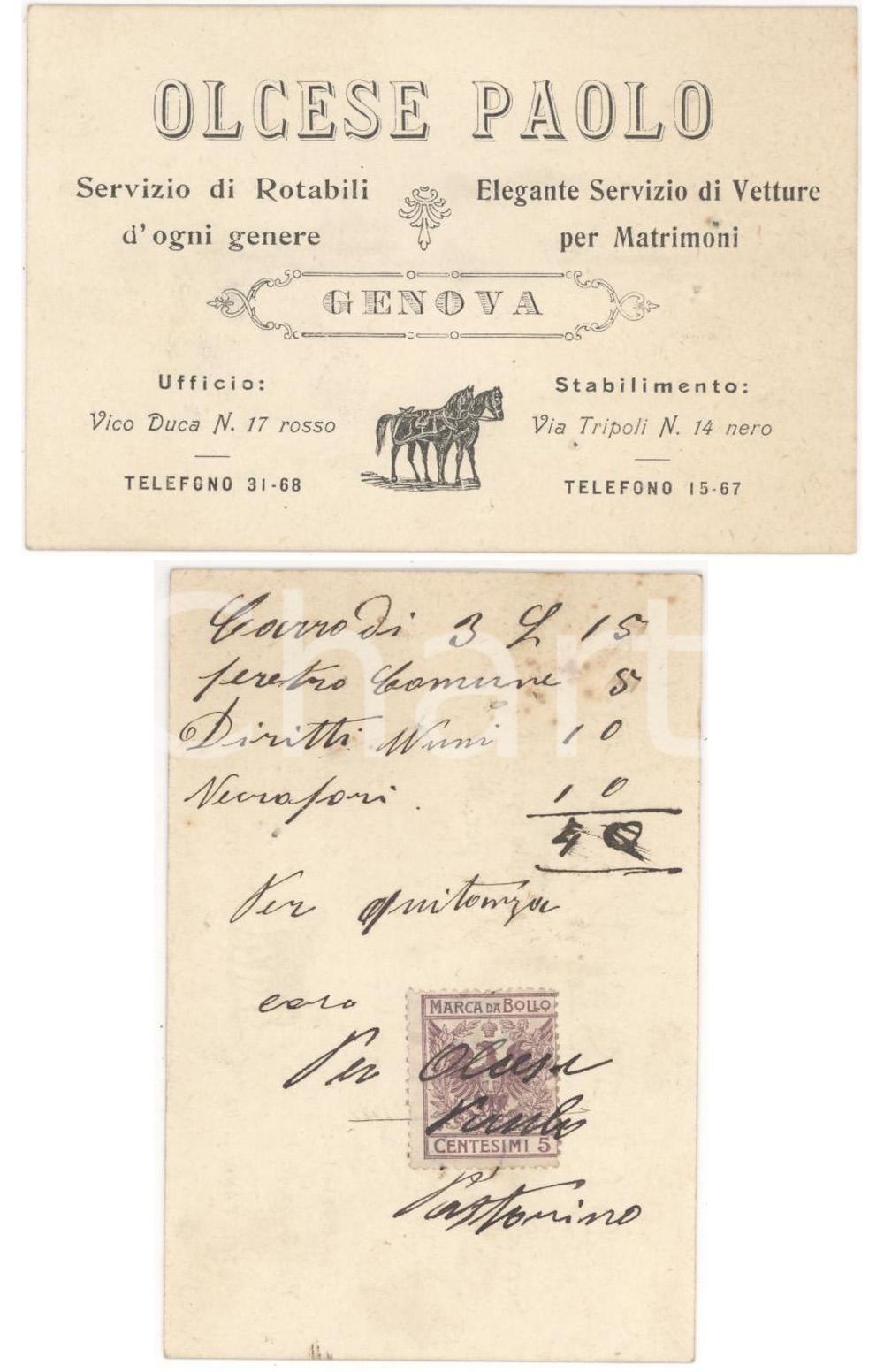 Oggetto da collezione cartaceo 1900 GENOVA Servizio rotabili e vetture Paolo OLCESE 1