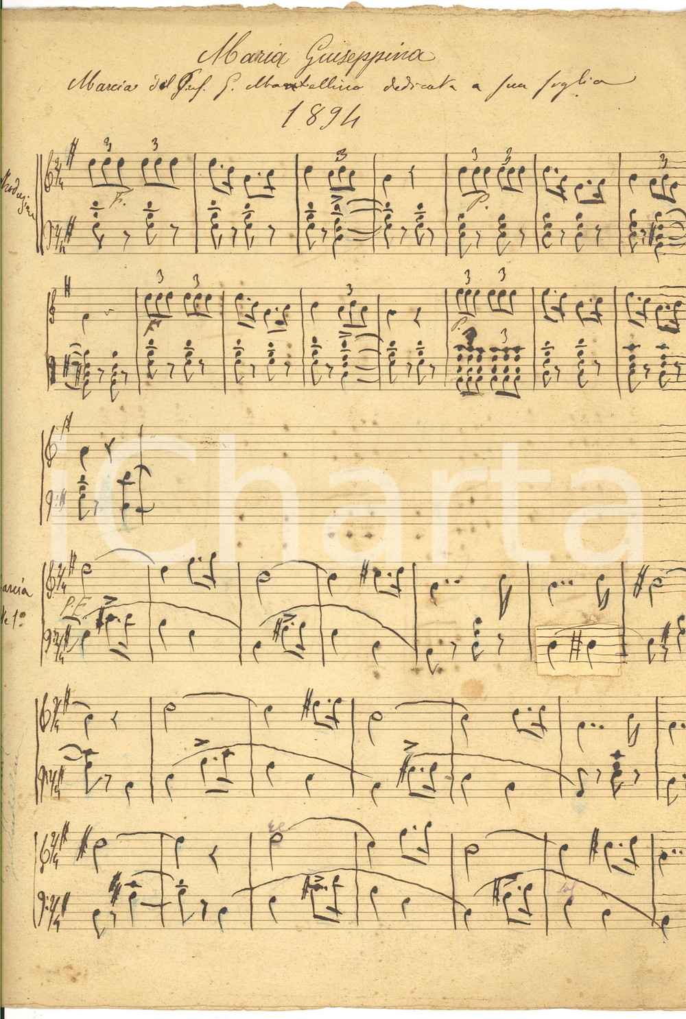 Oggetto da collezione cartaceo 1894 Giacomo MANTELLINO Marcia figlia MARIA GIUSEPPINA 1