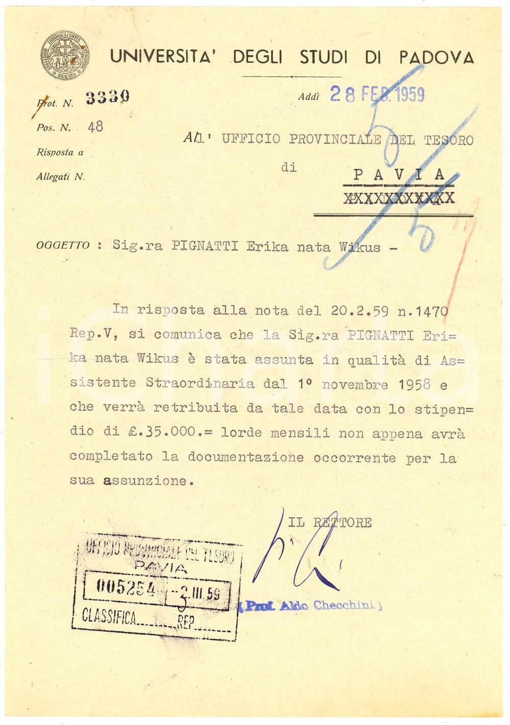 Autografo originale 1959 PADOVA Erika PIGNATTI assunta Autog Aldo CHECCHINI 1