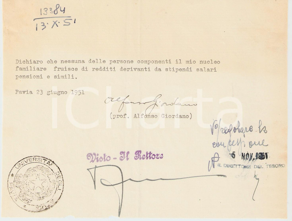 Autografo originale 1951 PAVIA Autografo oncologo ALFONSO GIORDANO 1