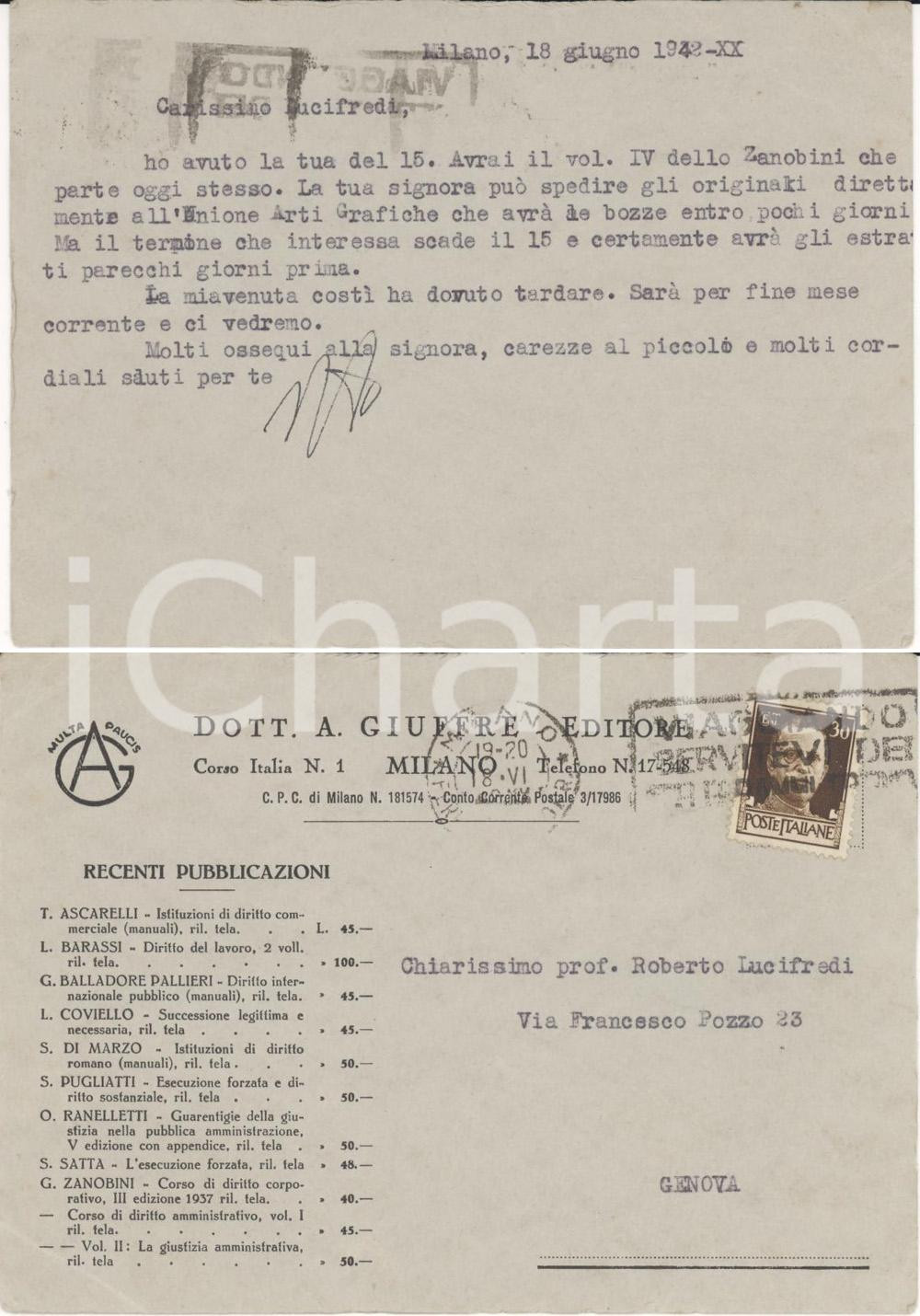 Autografo originale 1942 MILANO Antonino GIUFFRE  a Roberto LUCIFREDI 1