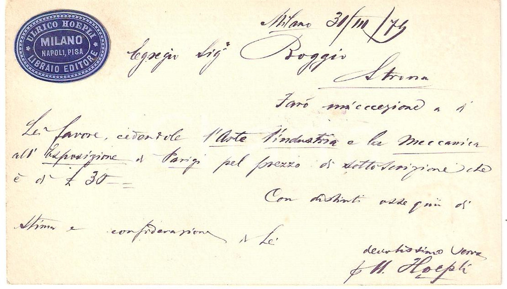 Autografo originale 1879 MILANO Autografo Libraio Editore ULRICO HOEPLI 1
