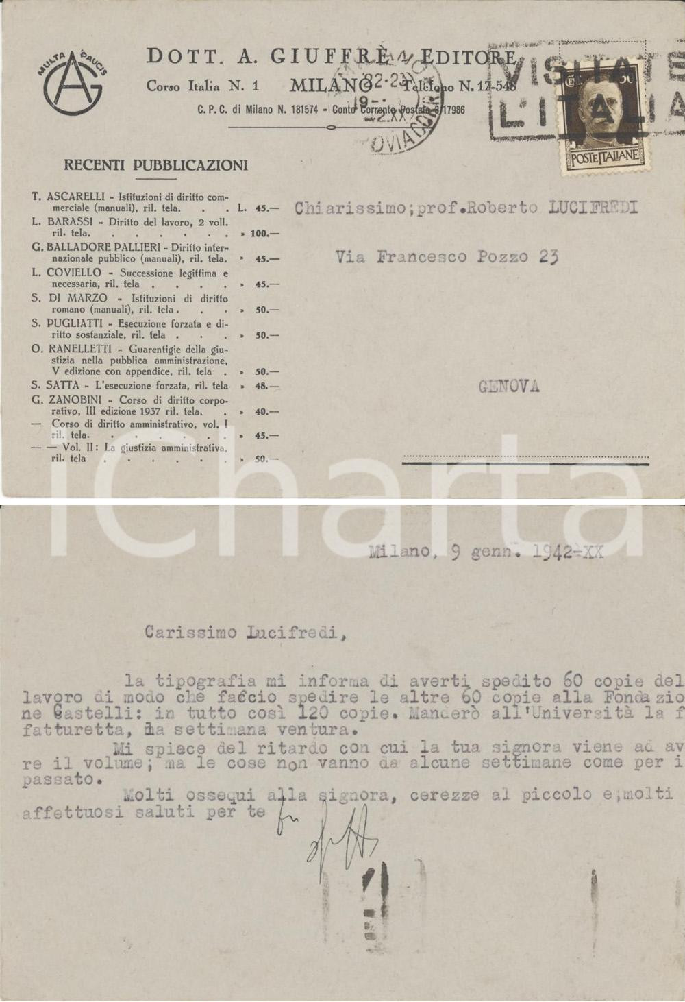 Autografo originale 1942 MILANO Antonino GIUFFRE  invia volumi a LUCIFREDI AUTOGRAFO 1