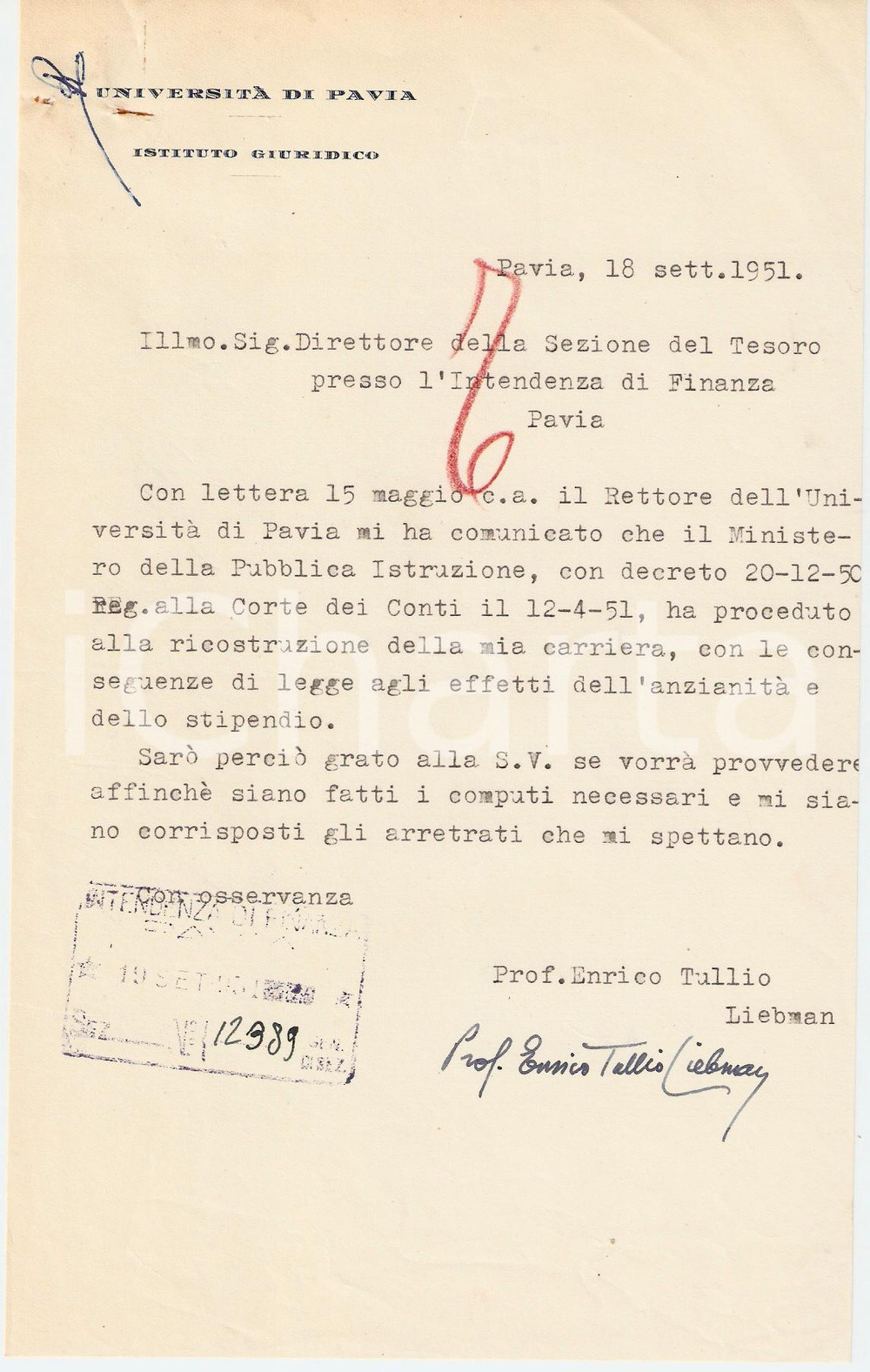 Autografo originale 1951 PAVIA Ricostruzione carriera Enrico Tullio LIEBMAN 1