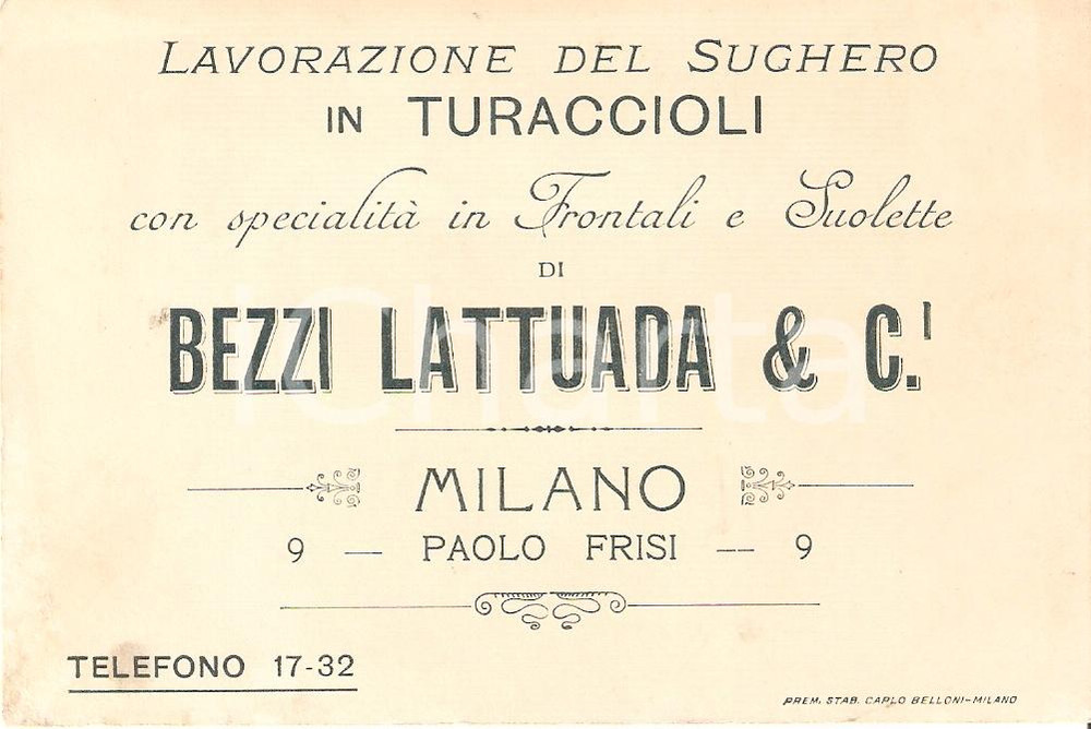 Oggetto da collezione cartaceo 1920 ca MILANO Sughero in turaccioli BEZZI LATTUADA & C Biglietto 1