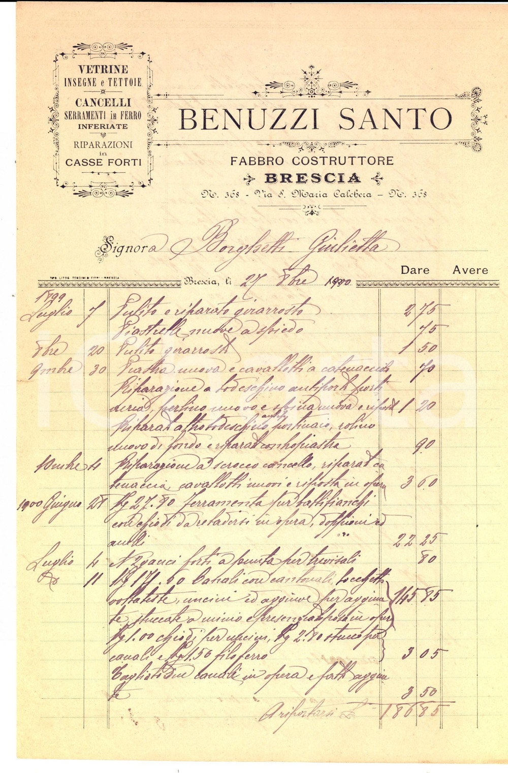 Documento originale, autentico 1900 BRESCIA Santo BENUZZI Fabbro costruttore *Fattura girarrosto e spiedi 1