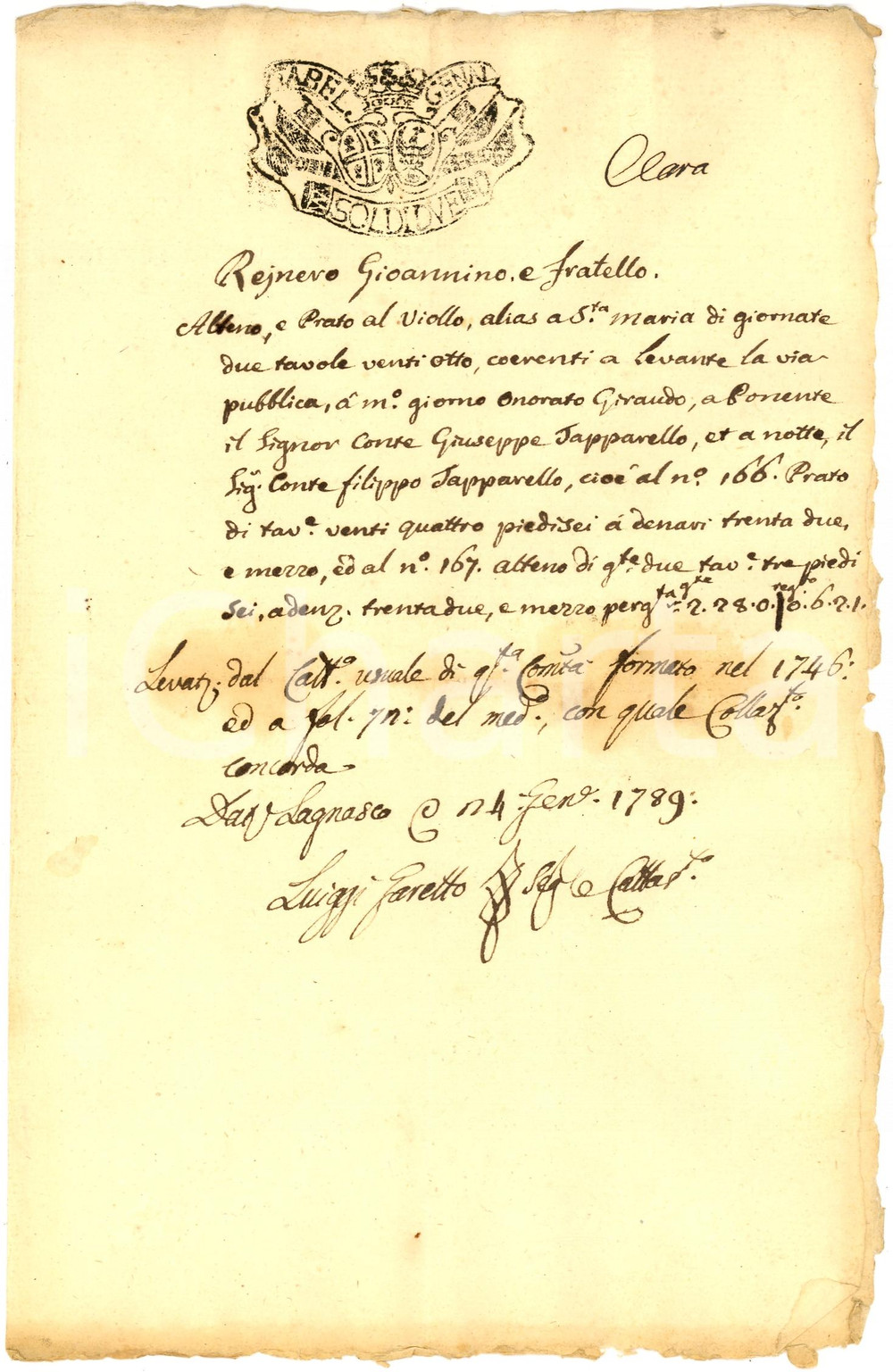 Documento originale, autentico 1789 LAGNASCO (CN) Confini di un terreno di Giovanni REINERO *Manoscritto 1