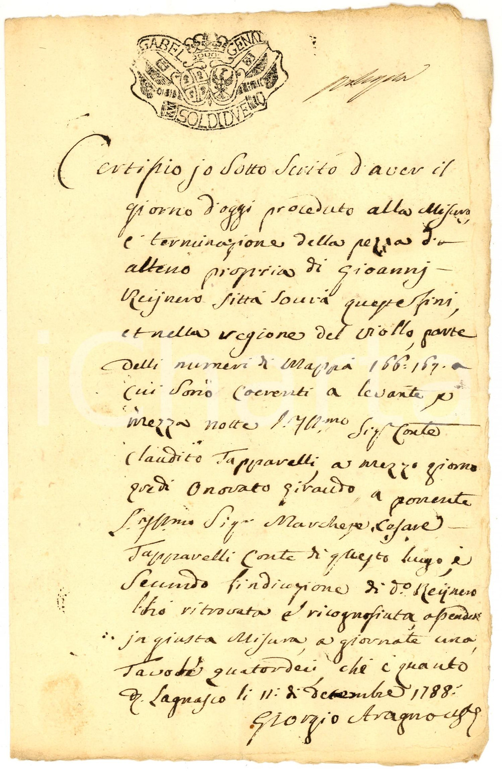 Documento originale, autentico 1788 LAGNASCO (CN) Dichiarazione di Giorgio ARAGNO perito agrimensore 1