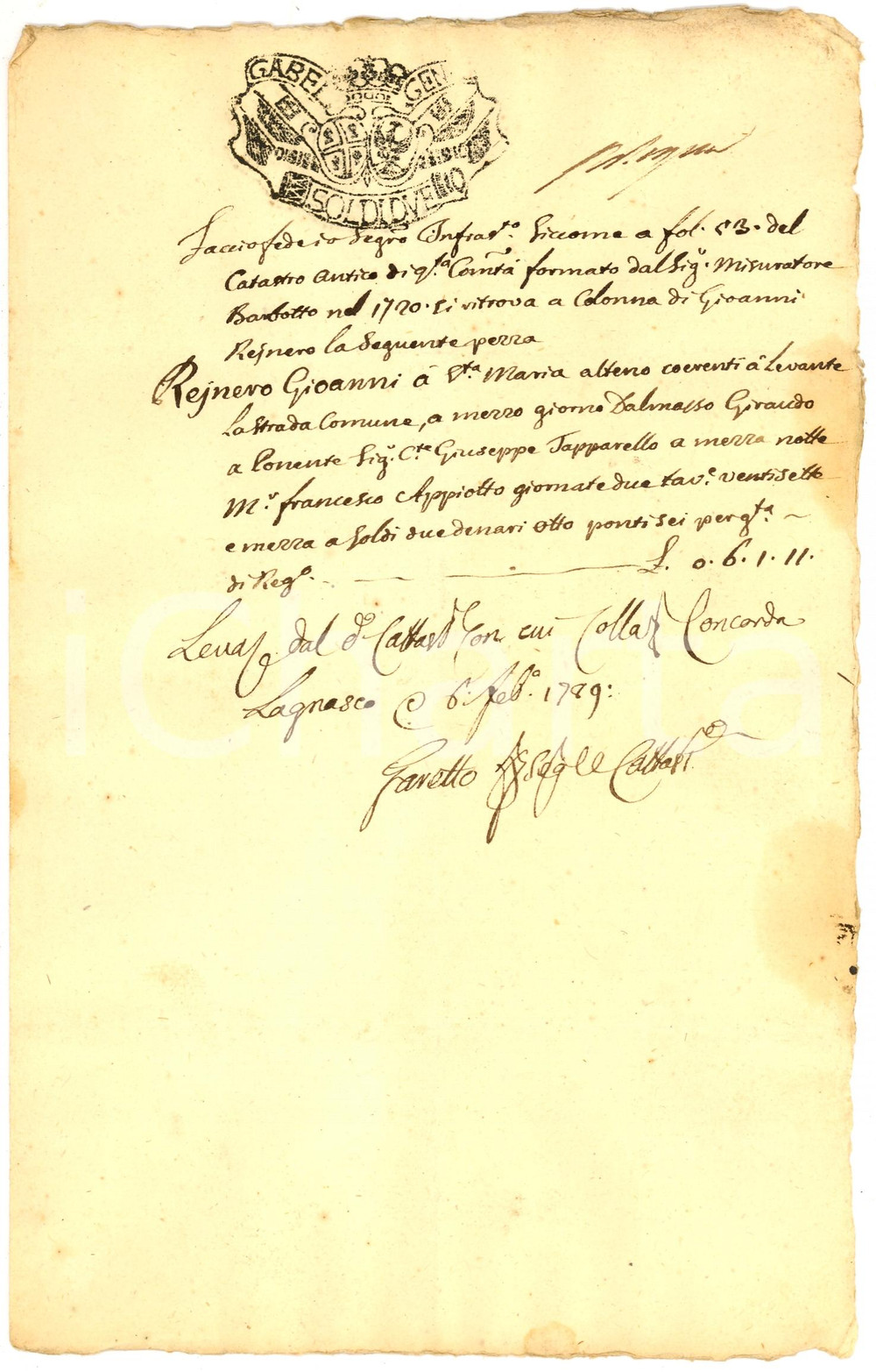 Documento originale, autentico 1789 LAGNASCO (CN) Confini di una proprietÃ  di Giovanni REINERO *Manoscritto 1