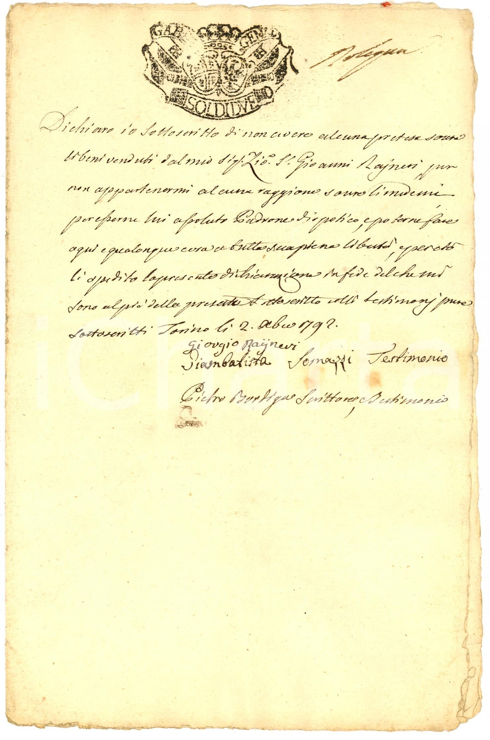 Documento originale, autentico 1792 LAGNASCO (CN) Dichiarazione Giorgio RAINERI su fondi dello zio *Manoscritto 1