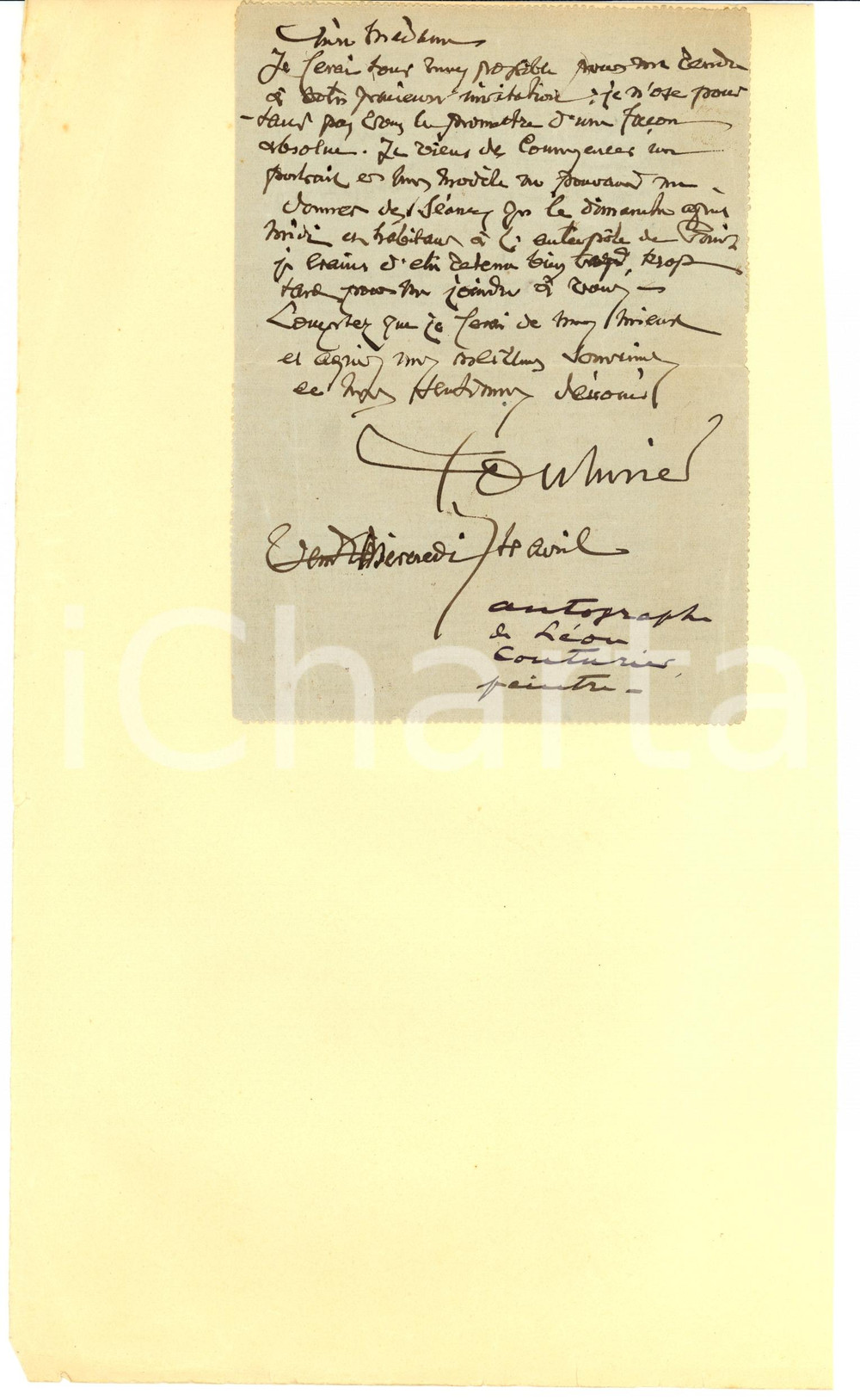 Autografo originale 1923 PARIS Léon Antoine Lucien Couturier annonce portrait AUTOGRAPH 1