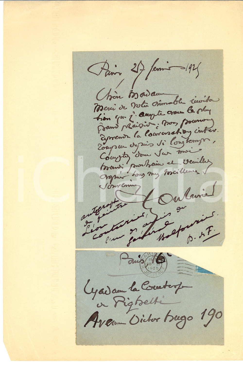 Autografo originale 1925 PARIS Léon Antoine Lucien Couturier ringrazia contessa PIGHETTI 1