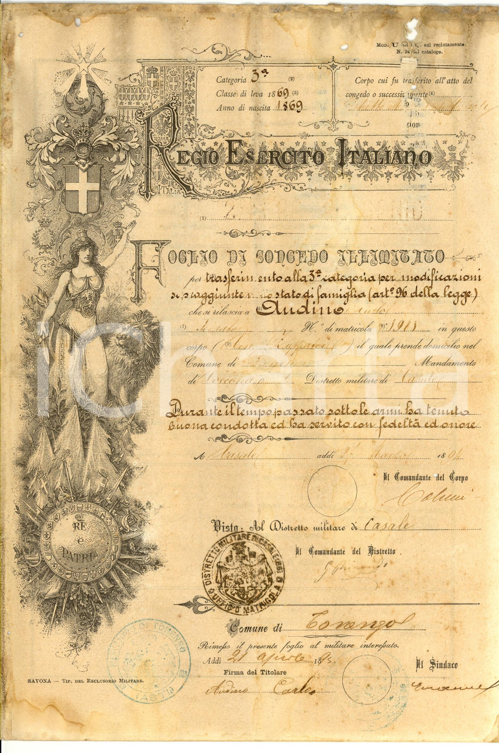 Documento originale, autentico 1895 TONENGO (AT) Congedo illimitato a Carlo AUDINO 1