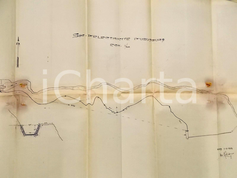 Stampa, bozzetto originale 1939 USUMBURA BURUNDI Société Electricité Planimetria del terreno 60x90 cm 1