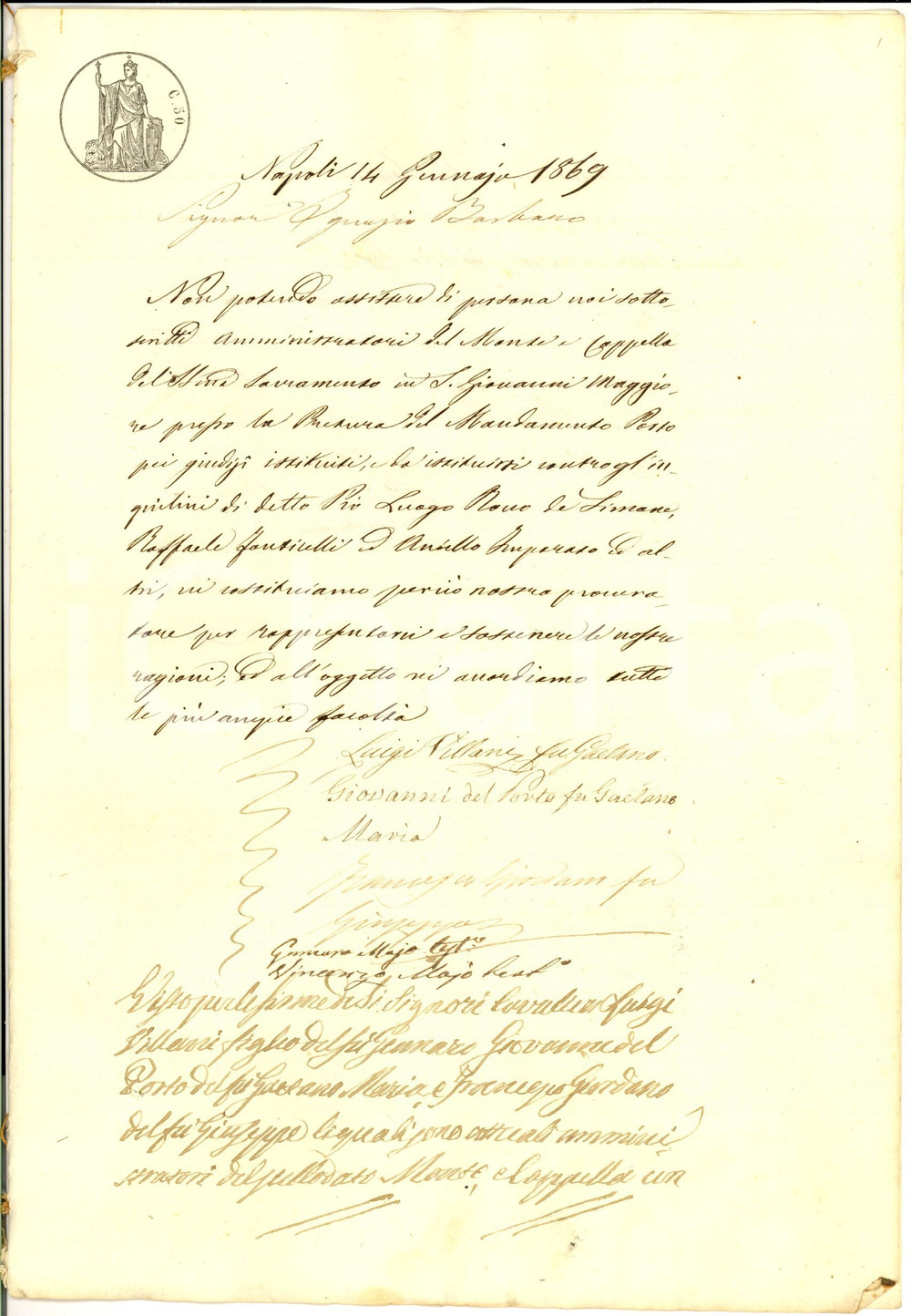 Documento originale, autentico 1869 NAPOLI Nomina procuratore per lite contro Rocco DE SIMONE inquilino moroso 1