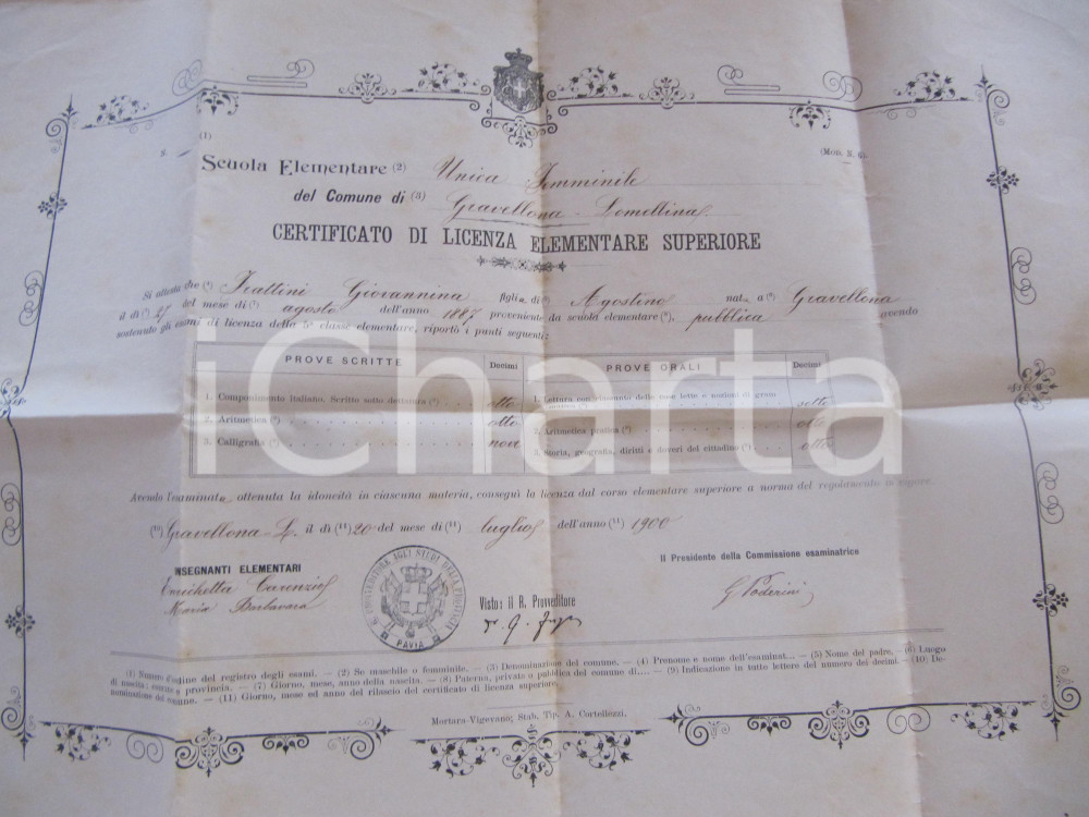 Oggetto da collezione cartaceo 1900 GRAVELLONA LOMELLINA Diploma Giovannina FRATTINI 1