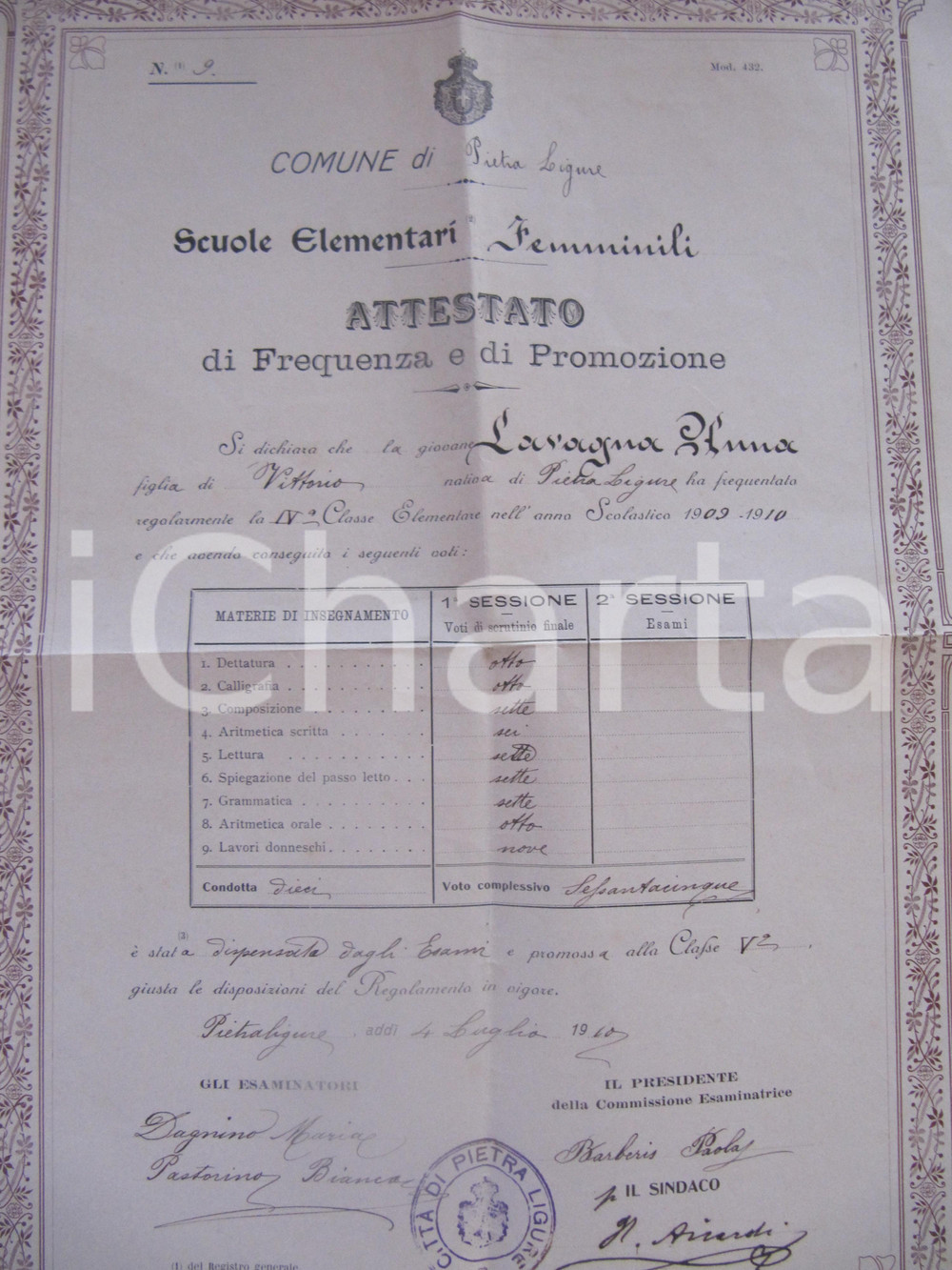 Oggetto da collezione cartaceo 1910 PIETRA LIGURE SV Promozione elem. Anna LAVAGNA 1