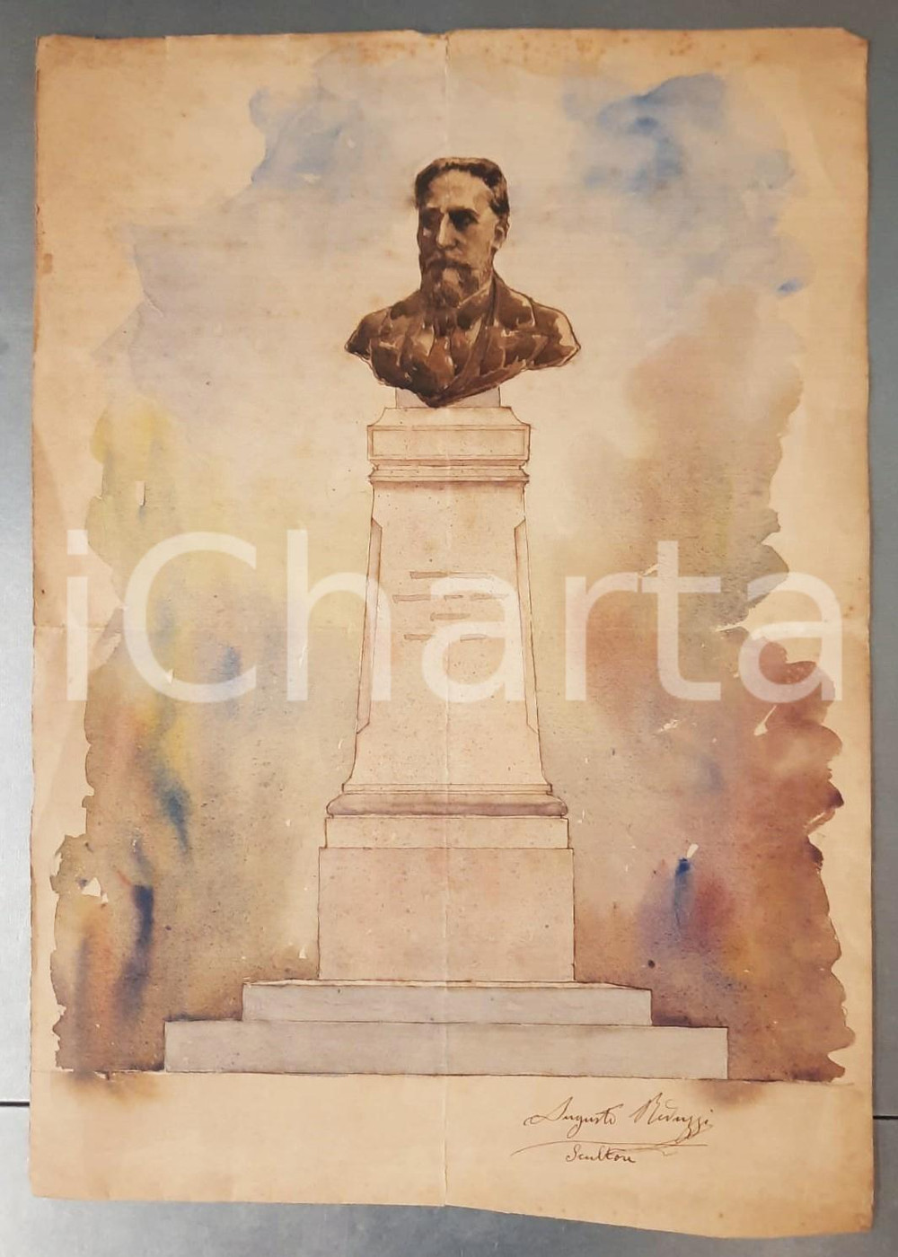 Stampa, bozzetto originale 1890 ca TORINO Augusto REDUZZI - Busto maschile *Acquerello su carta AUTOGRAFO 1