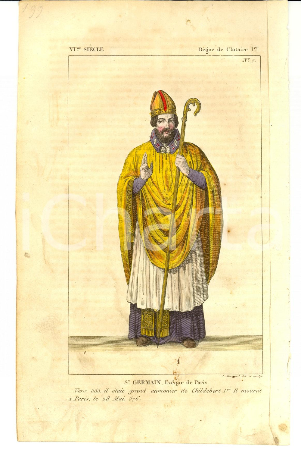 Stampa, bozzetto originale 1852 COSTUME FRANCAIS St GERMAIN Eveque PARIS Gravure 1