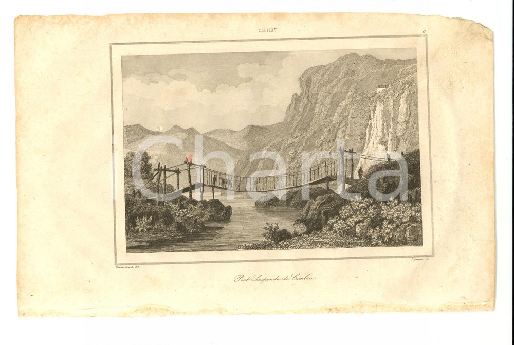 Stampa, bozzetto originale 1840 CHILI Pont suspendu de CIMBRA Inc. LEJEUNE 1