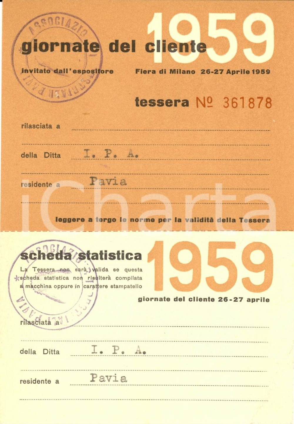 Oggetto da collezione cartaceo 1959 MILANO Giornate del Cliente - FIERA di MILANO - Tessera 1