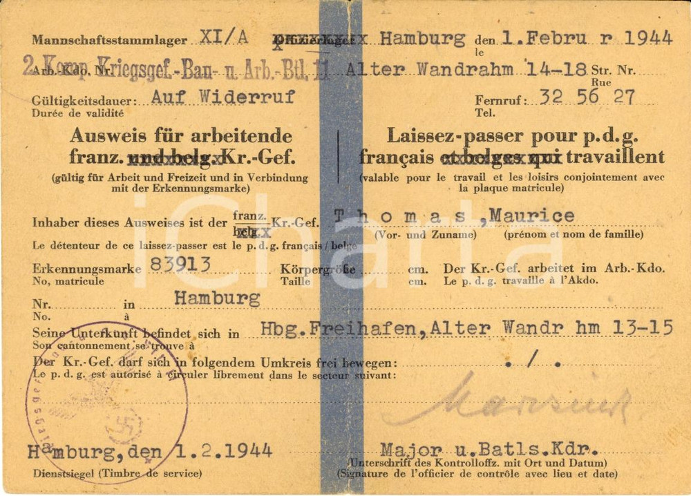 Oggetto da collezione cartaceo 1944 HAMBURG (DE) Lasciapassare per Maurice THOMAS 1