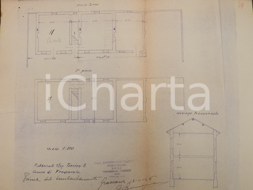 Stampa, bozzetto originale 1946 FRASCAROLO (PV) Cascina TORRIANI prima dei bombardamenti *Planimetria 30x38 1