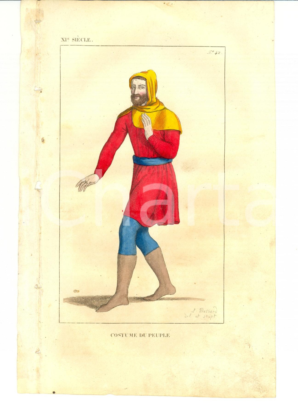 Stampa, bozzetto originale 1852 COSTUME FRANCAIS Costume du peuple XIe siÃ¨cle 1