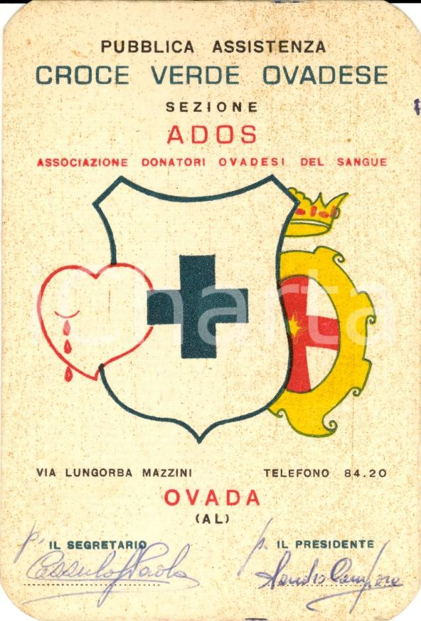 Oggetto da collezione cartaceo 1970 OVADA (AL) Matilda PARODI Croce Verde Ovadese ADOS 1