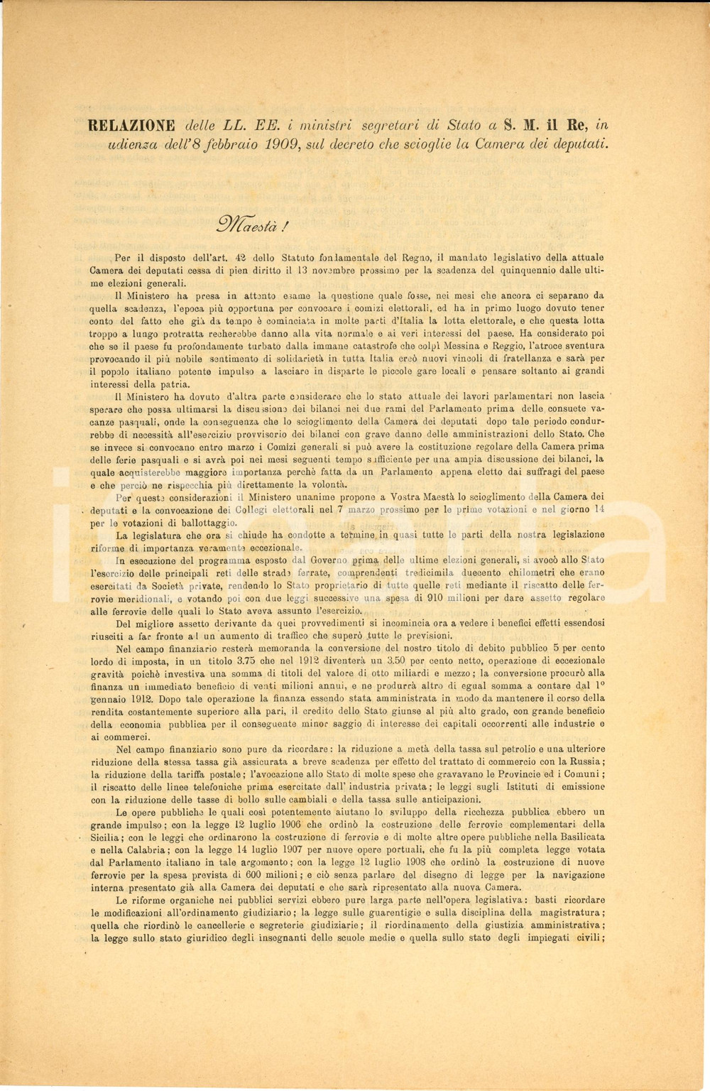 Documento originale, autentico 1909 ROMA Relazione per lo scioglimento CAMERA DEI DEPUTATI (1) 1
