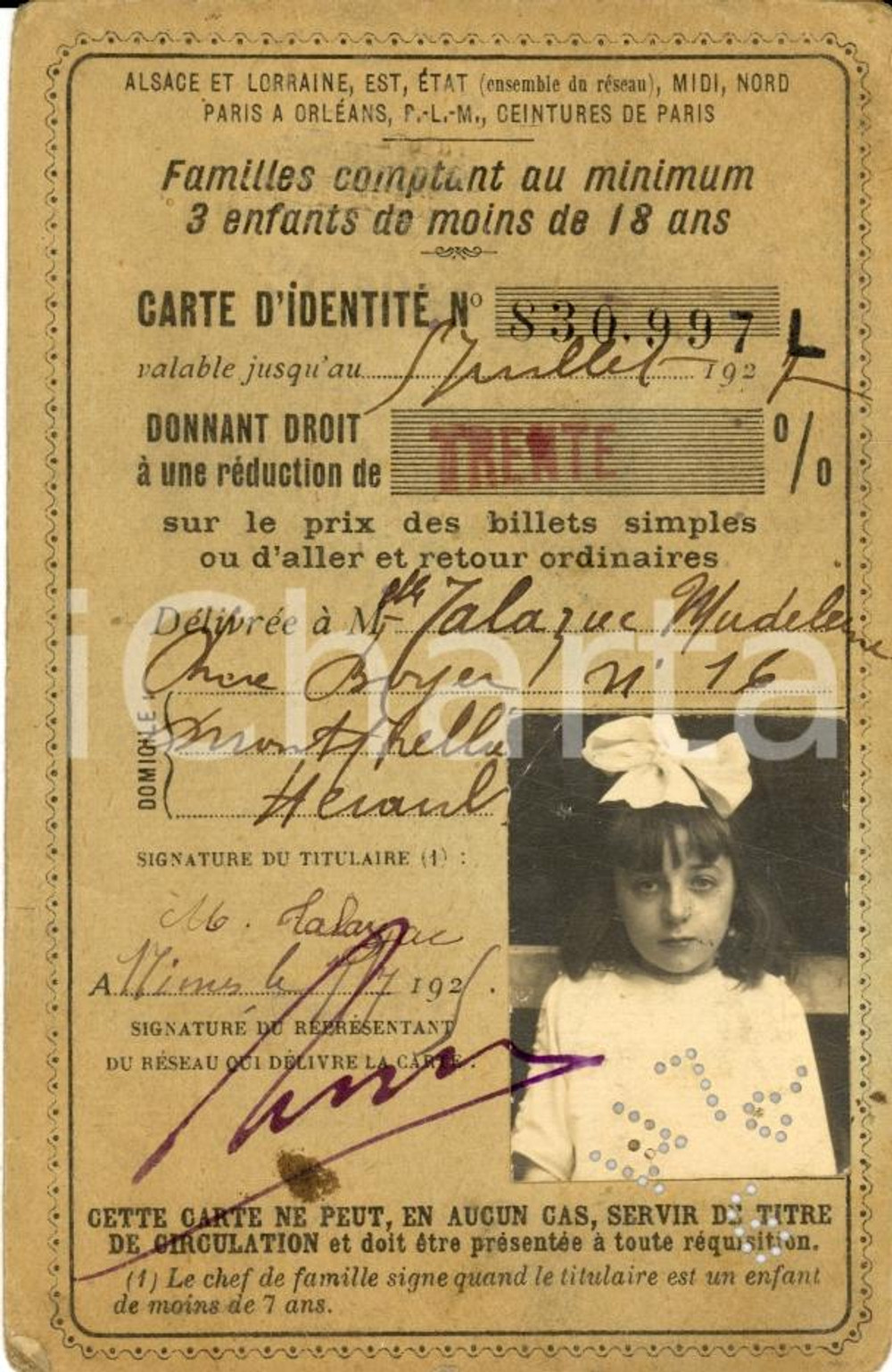 Documento originale, autentico 1925 NIMES (F) Riduzione ferroviaria Madeleine TALAZAC 1