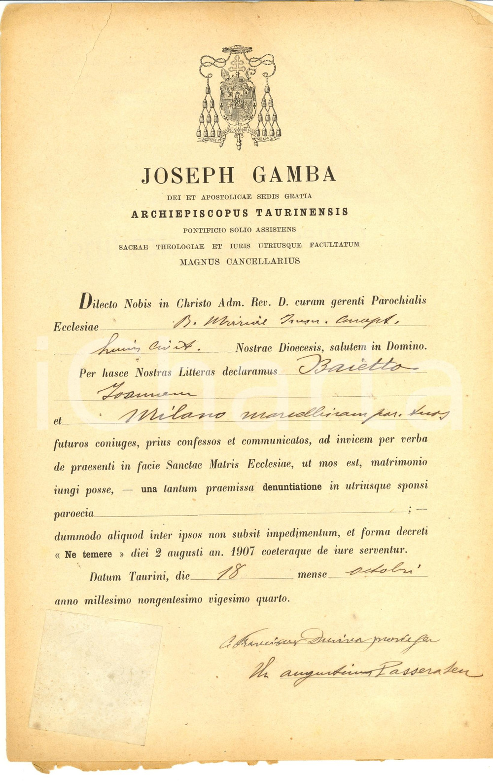 Documento originale, autentico 1924 TORINO Matrimonio BAIETTA - MILANO Mons. Giuseppe GAMBA 1