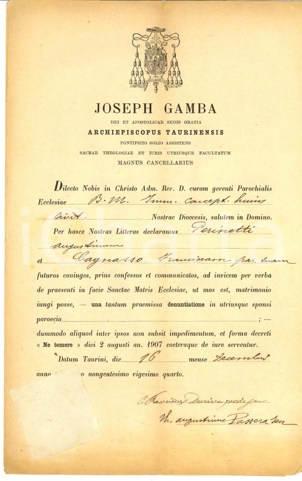 Documento originale, autentico 1924 TORINO Matrimonio PERINETTI - CAGNASSO Mons. Giuseppe GAMBA 1