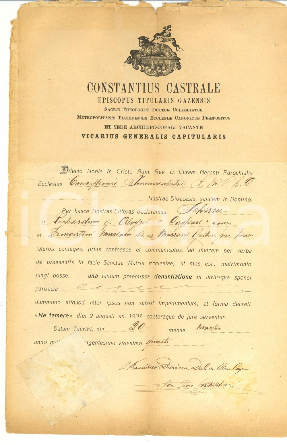 Documento originale, autentico 1924 TORINO Nozze Riccardo SCHIRRU e Maria DEMARTINI 1
