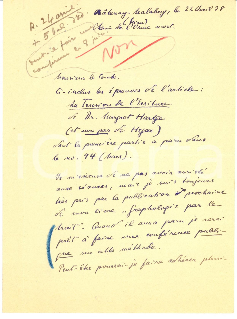 Autografo originale 1938 CHATENAY-MALABRY (France) GRAFOLOGIA Walter HEGAR sulla sua nuova opera 1