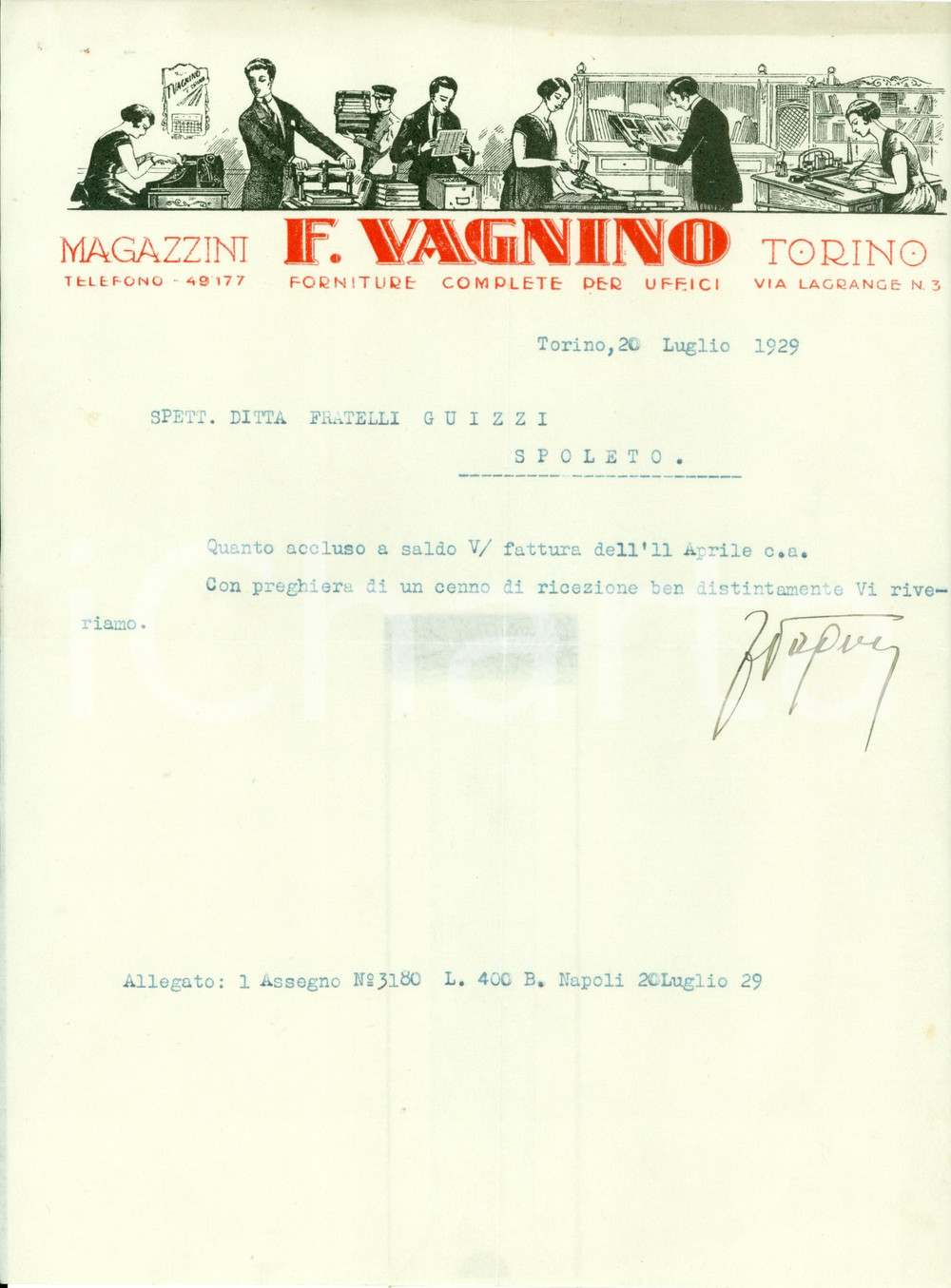 Documento originale, autentico 1929 TORINO Magazzini VAGNINO Forniture per uffici ILLUSTRATA Fattura 1
