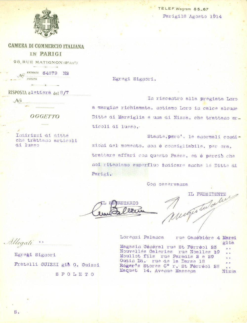 Documento originale, autentico 1914 MARSIGLIA F Ditte specializzate articoli lusso Camera Commercio Italiana 1