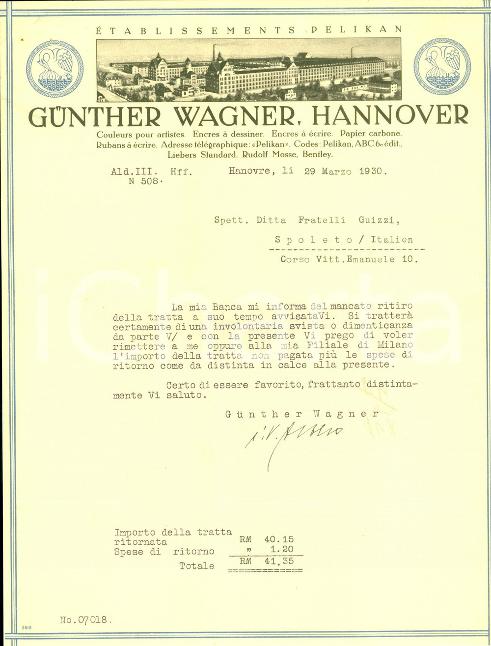Manoscritto, lettera originale 1930 HANNOVER (DE) Gunther WAGNER Stabilimenti PELIKAN *Lettera 1