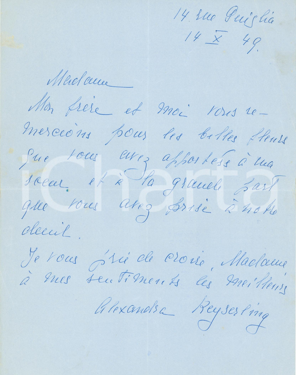 Autografo originale 1949 PARIS Alexandra KEYSERLING ringrazia per fiori AUTOGRAFO 1